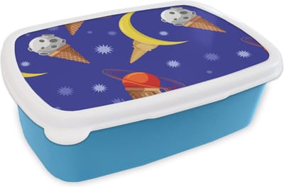 Broodtrommel Blauw - Lunchbox - Brooddoos - Planeten - IJshoorntjes - Patronen - 18x12x6 cm - Kinderen - Jongen