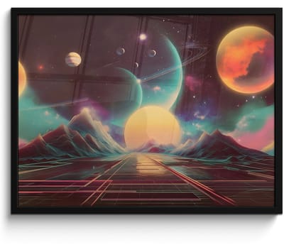 Poster in lijst - Fotolijst 70x50 cm - Posters - Planeten - Neon - Berglandschap - Zon - Posterlijst zwart - Decoratie - Wanddecoratie woonkamer - Muurdecoratie slaapkamer