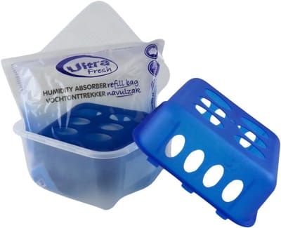 Navulbare Luchtontvochtiger - Vochtopnemer Vochtvreter - Vochtige Ruimtes - Absorbeert Vocht Neutraliseert - 13x13 cm - Wit Blauw