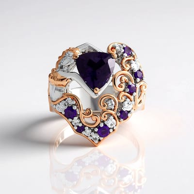 Cavill - Amethist Damesring - 925 Sterling Zilver Palladium - 1,918 ct Triljant & Rond Braziliaanse Edelsteen - Verstelbaar - Elegant Luxe Sieraad