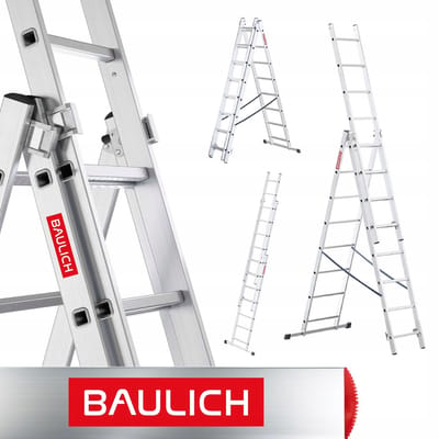 Baulich Aluminium opvouwbare multifunctionele vouwladder - 3 secties, 3x8 treden, met stabilisator, draagvermogen 150 kg, maximale werkhoogte 497 cm, licht en duurzaam
