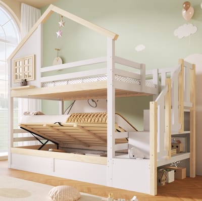 FloraGrace Stapelbed 90x200 cm - Kinderbed Met Huisdesign en Uitvalbeveiliging - Met Opbergruimte Onder Bed - Hout - Zonder Matras - Wit Naturel