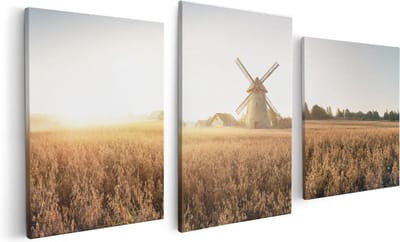 Artaza Canvas Schilderij Drieluik Windmolen in het Veld - 120x60 - Foto Op Canvas - Canvas Print