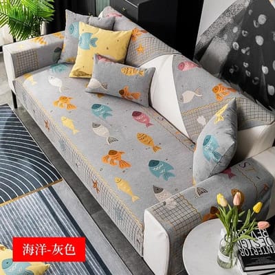 Cartoon Chenille Bankovertrek Modern Zeedieren Print Bankhanddoeken Antislip Bankovertrek Patroondesign Idyllische Bankkussens 70x70cm 1pcs