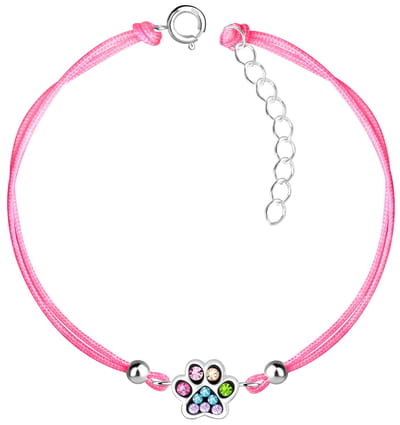 Joy|S - Zilveren kat hond dierenpoot bedel armband - poot afdruk bedel sterling zilver 925 met kristal - roze koord