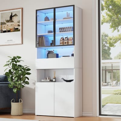 HAUSS SPOLE Vitrinekast - Met LED Verlichting En Glazen Deuren - 1 Lade En Open Planken - 70x30x200 cm - Spaanplaat - Wit