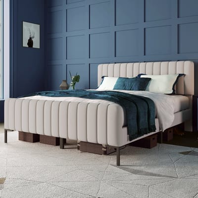 MEUNIQ gestoffeerd bed 160 x 200 cm met verstelbaar hoofdbord, bedframe met lattenbodem voor slaapkamer in grijs-beige