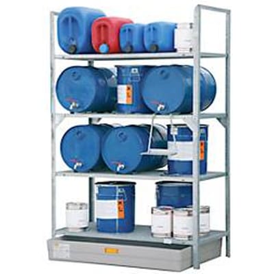 Uitbreidingseenheid voor CEMO vatenrek type 540 met stalen opvangbak SW2, gegalvaniseerd staal, voor 6x 60 l vaten, B 1320 x D 800 x H 2000 mm