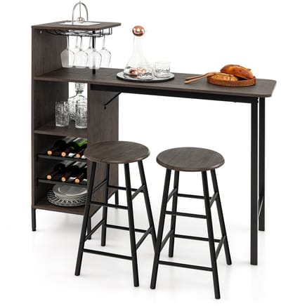 COSTWAY Bartafels met houders voor wijnglazen en flessen, keukentafel met barkruk, aanrecht voor woonkamer, eetkamer en keuken, vintage bruin, set van 3