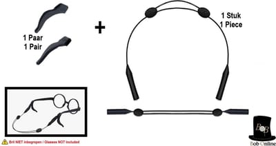 Bob Online™ - Setje Unisex Brillen Accessoires - 1 Stuk – Zwart – Verstelbare Brilband + 1 Paar – Zwart - Oorgreep Haken – Eyewear Accessories Set – 1 Piece – Black – Adjustable Glasses Strap + 1 Pair – Black – Anti-slip Ear Hooks – Brillenaccessoire