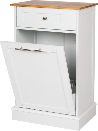 WONDERMAKE® Hoge linnenkast of prullenbakkast van hout/bamboe, wasverzamelaar hoge kast voor badkamer of keuken uitklapbaar met lade, 51 x 37 x 82 cm, wit