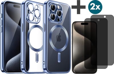 Hoesje met Privacy Screenprotectors 2 Stuks Geschikt voor iphone 15 Pro Hoesje - Geschikt voor MagSafe - Arara siliconen Backcover - Blauw