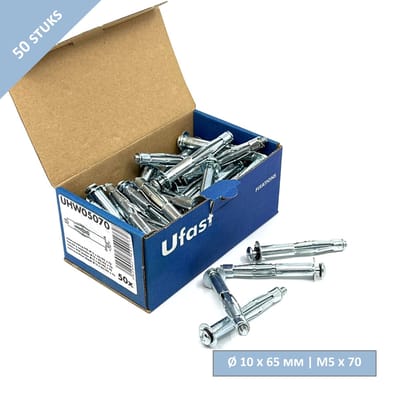 UFAST hollewandplug Ø 10 x 65 mm + schroef M5 x 70 mm - Verzinkt - 50 stuks