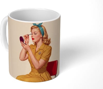 Mok - Koffiemok - Illustratie - Mascara - Vrouw - Geel - Mokken - 350 ML - Beker - Koffiemokken - Theemok