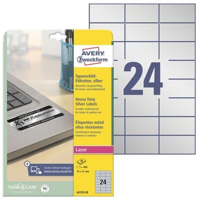 Avery-Zweckform L6133-20 Etiketten voor typeplaatjes 70 x 37 mm Polyester folie Zilver 480 stuk(s) Permanent hechtend Laser (zwart/wit), Kopiëren