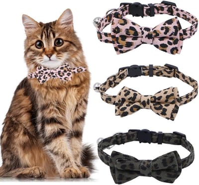 Set van 3 Schattige Kattenhalsbanden met Strik, Verstelbare Halsbanden met Bel en Luipaardprint