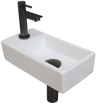 INK - Fonteinpack Porselein Links incl. Fonteinkraan - Design Sifon - Design Plug en Montageset - 360x180x90 Mm - Mat Wit/metal Black