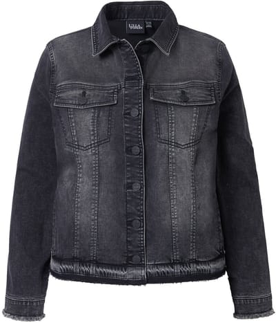 Ulla Popken - Dames - Denim jas franjes overhemdkraag lange mouwen - Zwart - Maat 46+