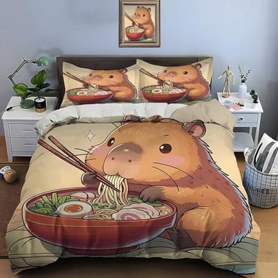 Ensemble de literie mignon à imprimé Capybara de dessin animé Housse de couette 1 Housse de couette 2 Taies d'oreiller Ensemble de literie pour adultes et enfants Cadeaux de Noël EU single(135x200cm)