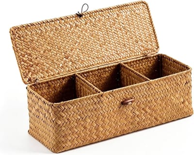3-voudige natuurlijke zeegras mand met deksel, rechthoekige zeegras mand opslag met deksel, multifunctionele container voor badkamer, woonkamer, bureau