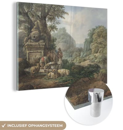 ® Glasschilderij 160x120 cm - Schilderij acrylglas - Landschap met herders bij een waterplaats - Schilderij van Jan Willem Pieneman - Foto op glas - Muurdecoratie woonkamer - Wanddecoratie slaapkamer - Schilderijen