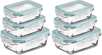 5Five Vershoudbakjes met deksel - glas - luchtdicht - met clips - 6x stuks - 330 - 540 - 1180 ml - voedsel bewaren