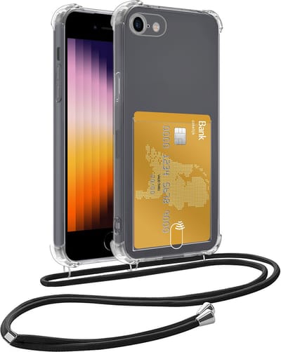 Hoesje Geschikt voor iPhone 7 Hoesje Met Telefoonkoord en Pasjeshouder Siliconen - Hoes Geschikt voor iPhone 7 Hoesje Met Kaarthouder Shock Proof Case - Transparant