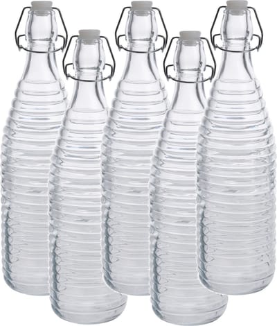Fles met beugeldop - 5x - transparant - 1000 ml - glas - Koude dranken serveren/bewaren - Olie/azijn flessen - Decoratie flessen