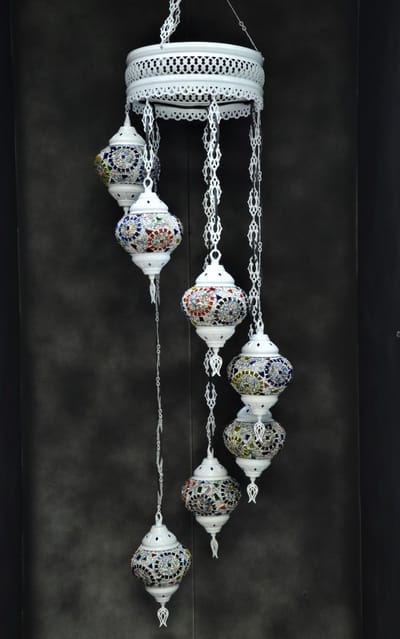 Hanglamp multicolour bruin zwart wit glas mozaïek Oosterse lamp kroonluchter Crèmewit 7 bollen