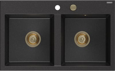 Mexen Hektor granieten gootsteen 2-kamer 800 x 480 , zwart/zilveren metallic, gouden sifon - 6521802000-73-G