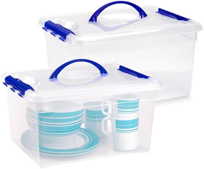 Plasticforte Opslagbox - 2x - met deksel - transparant blauw - 12 liter - 34 x 27 x 18 cm - kunststof - opbergdoos - opbergen