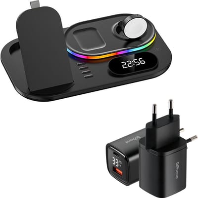 DrPhone LEGEND14 Draadloze 4 in 1 Lader - Digitale klok - LED - Docking 30W PD & QC 3.0 - Draadloos Laden - Geschikt voor iPhone / Apple Watch / Airpod