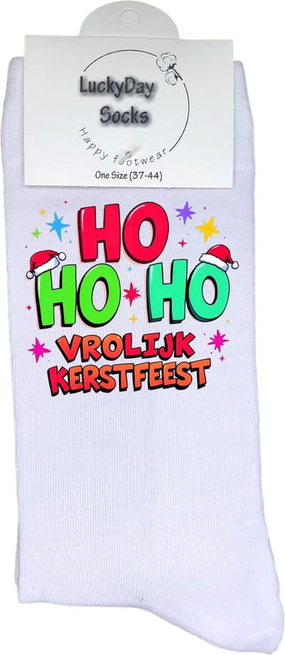 Ho Ho Ho Vrolijk kerstfeest - Leuke sokken - Modern kerst - Grappige sokken - Kerstcadeau - LuckyDay Socks - Kerstsokken - Foute kerst sokken - Leuk kerst cadeau - Cadeau tip - Voor hem - Voor haar - Unisex - Maat 37-44
