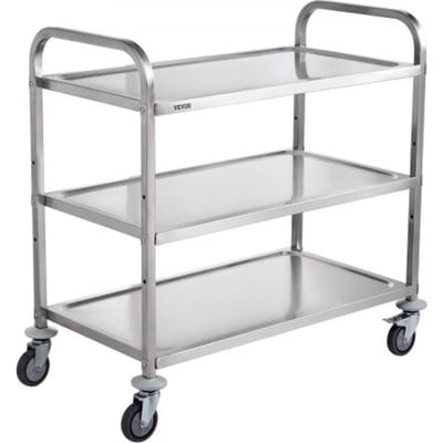 VEVOR Keukentrolley, 3 lagen, laboratoriumtrolley met een draagvermogen van 100 kg, roestvrijstalen serveertrolley, opruimtrolley, transporttrolley, rolbare opbergtrolley met 6 haken, voor binnen- en buitengebruik, zilverkleurig