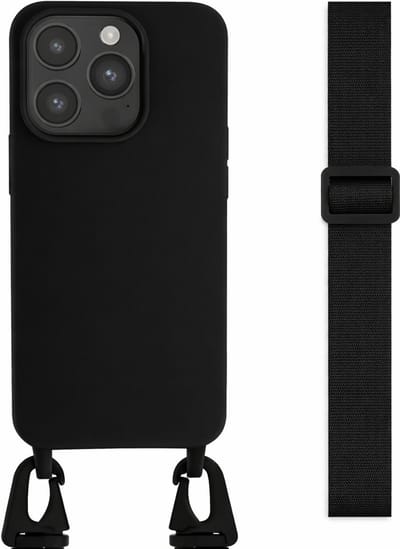 YPCd Crossbody Hoesje Geschikt voor Apple iPhone 15 Pro – TPU & Siliconen Backcover met Verstelbare Crossbody Schouderband Koord – Verhoogde Randen – Zwart