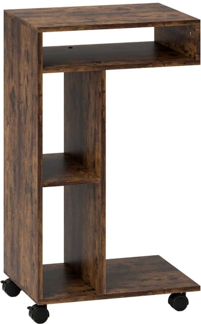 Merax C-vormige Bijzettafel op Wielen - Laptoptafel met 3 Vakken - Roltrolley - Rustiek Bruin - 40 x 30 x 69 cm