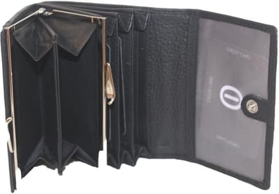 OI zwarte lederen knipportemonnee met beugel IN de portemonnee / dames overslagportemonnee met beugelsluiting / dames beurs met kleingeldvak met beugelsluiting binnenin / RFID SAFE / zwart / 160