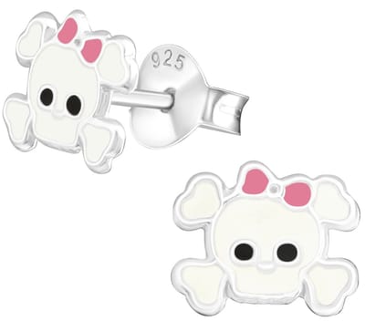 Joy|S - Zilveren skull oorbellen - doodskop wit met paars/ roze strikje - Halloween kinderoorbellen