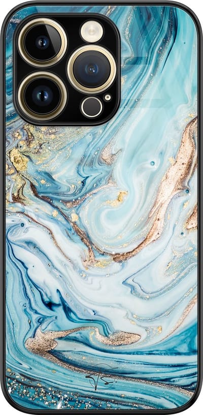 Hoesje geschikt voor iPhone 14 Pro - Marmer blauw goud - Luxe Hard Case - Marmer - Blauw, Goud - Mooie Telefoonhoesjes