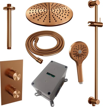Brauer Copper Carving thermostatische inbouw regendouche 3-weg omstelling SET 48 met 30 cm douchekop en plafondarm en 3-standen handdouche en doucheslang en geïntegreerde glijstang koper geborsteld PVD