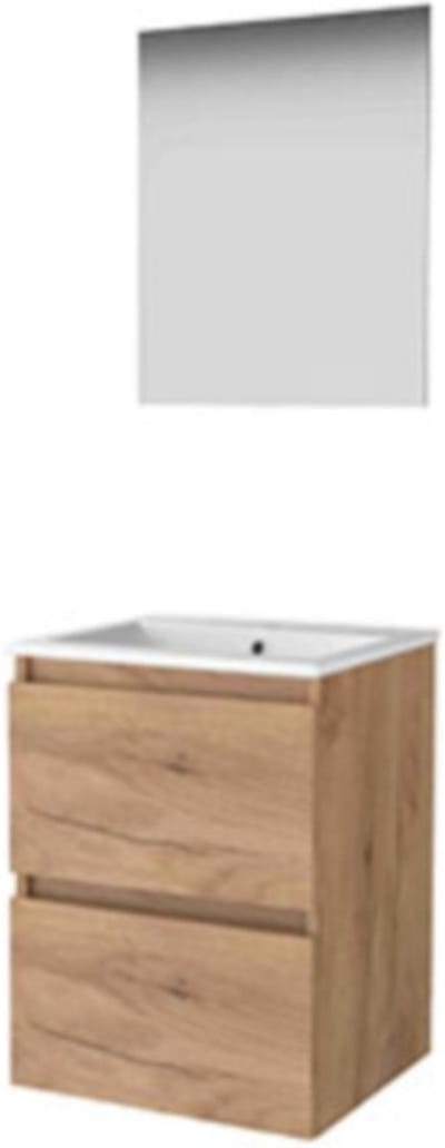 Basic-Line Ultimate 46 Badkamermeubelset - 50 x 46 cm - Greeploos - 2 Lades - Keramische Wastafel - 1 Kraangat - Spiegel met Indirecte LED Verlichting - Whisky Oak