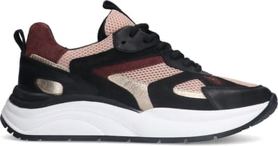 Manfield - Dames - Zwarte leren sneakers met roze details - Maat 36