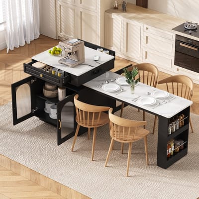 Sweiko Keukeneiland - Met wieltjes - LED verlichting - Uitschuifbare eettafel - Dressoir - Bartafel - Zwart