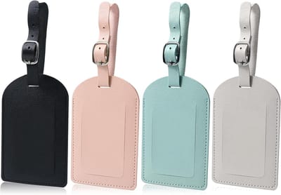 SnelShoppen - 4 Stuks Luggage Hangers - Kleurvolle Leren Bagage Labels voor Koffers, Adreslabels voor Bagage, Handtassen, Waterproof, 11x7 cm, Zwart,