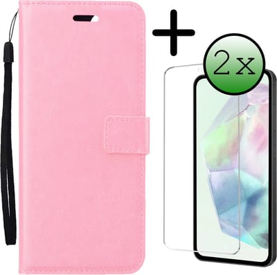 Hoesje Met 2x Screenprotector - Geschikt voor Samsung Galaxy A35 - Luxe Pasjeshouder - Bookcase Portemonee - Flip Case - Kunstleer Book Case - Flipcase Hoes - Book Cover - Walletcase - Portemonneehoes - Lichtroze