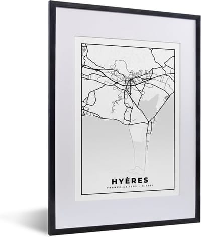 Fotolijst incl. Poster Zwart Wit- Frankrijk - Plattegrond - Hyères - Stadskaart - Kaart - Zwart wit - 30x40 cm - Posterlijst