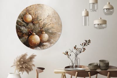 WallCircle - Wandcirkel - Muurcirkel - Kerst - Kerstballen - Beige - Goud - Aluminium - Dibond - 140x140 cm - Binnen en Buiten