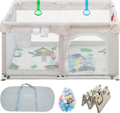 Lucellia® Grondbox Baby - Speelbox & Kruipbox - Inclusief Speelmat & 30 Ballen - Draagtas - Beige - 120x120x66 cm