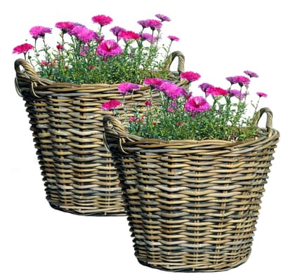 Mega Collections Plantenmand - 2x - bloemenmand - D39 x H23 cm - rond - rotan gevlochten - rieten mand