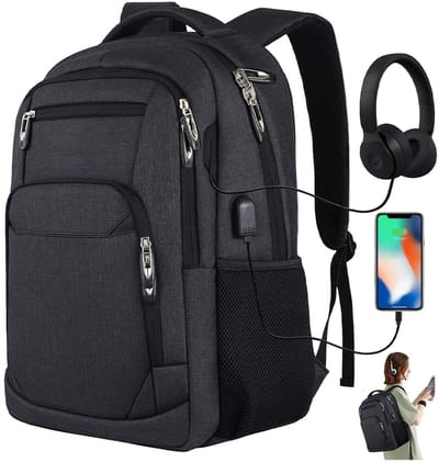 OKWISH Laptoprugzak -Zakelijke laptoptas voor 15,6 inch laptops - Inclusief USB-oplader en interne oplaadkabel - Geschikt voor zakenreizen, weekendjes weg en winkelen - Unisex - Polyesterstof - Zwart